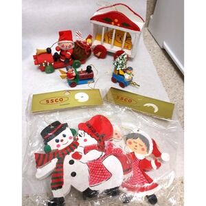 Kurt Adler Santa Train Lot Of 6 Wooden Ornaments Zoo Lion Snowman Toys Vintage